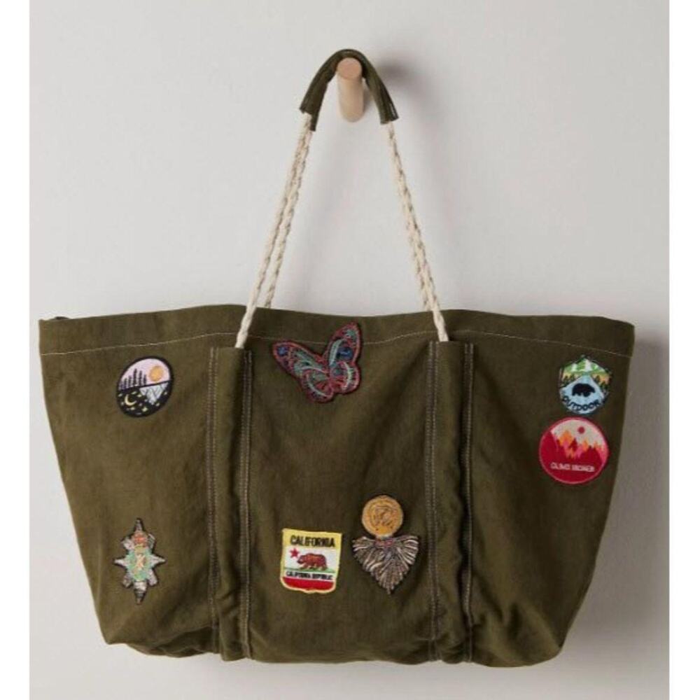 NWT Free People Been There Badge Tote Canvas Army Green Large.